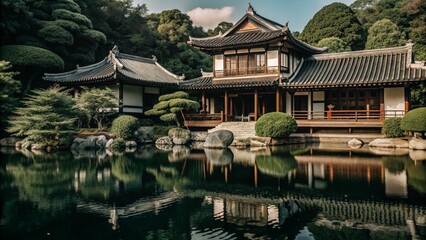 Naklejka premium Traditional Japanese house with a pond and garden.