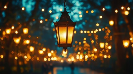 A single lantern hangs against a backdrop of glowing string lights in a park.