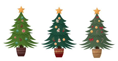 Set of christmas tree isolated on white background. Decorated Christmas Trees with Ornaments. Sustainable christmas tree illustration. Eco-friendly christmas vector