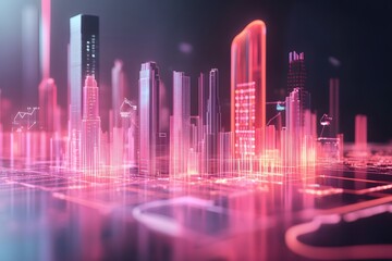 A Digital Model of a Cityscape Illuminated by Neon Pink and Orange Lights