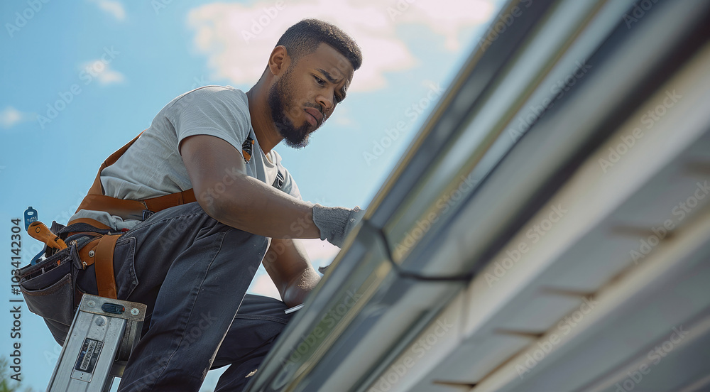 Poster a man on a ladder installing aluminum gutters on the edge of a house roof. he is dressed in simple w