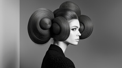 elaborate detailed 1960s hairstyle voluminous intricate elegant, black-and-white, embodying both elegance and coolness. 