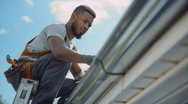 A man on a ladder installing aluminum gutters on the edge of a house roof. He is dressed in simple work attire, focused on securing the gutter with a power drill.