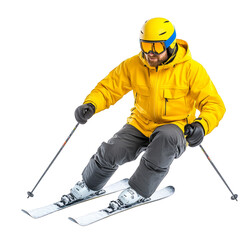 Obraz premium Skier in yellow jacket performing on snowy slope, isolated on white background.