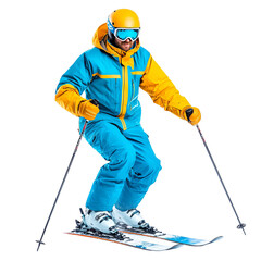 Skier in vibrant gear enjoying a day on the slopes, isolated on a white background.