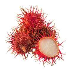 Rambutan fruit displayed with vibrant red skin and translucent flesh on a transparent background, highlighting its unique appearance and texture