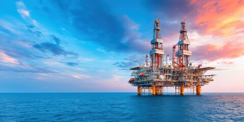 Offshore Oil Rig Platform at Sunset with Dramatic Sky