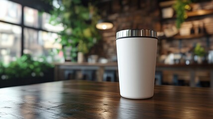 White blank tumbler on desk with blurred background for mockup.