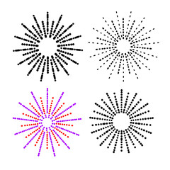 A set of nine different black dotted radial patterns resembling abstract sunburst or star shapes. Each pattern varies in dot arrangement and density.