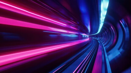 A futuristic tunnel with neon lights in blue and pink.