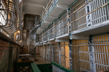 A historic cell block of Alcatraz, the infamous prison located on an island in San Francisco Bay.