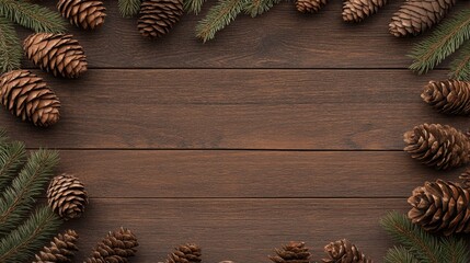 A rustic wooden backdrop features lush green pine branches and decorative cones, evoking a warm winter and Christmas ambiance perfect for festive celebrations