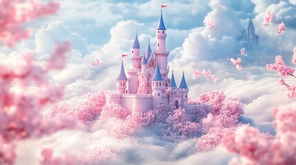 A magical pink castle sits atop a cloud surrounded by blooming cherry blossom trees with fluffy white clouds in the sky.