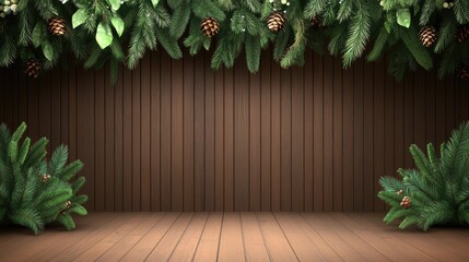 A rustic wooden backdrop features lush green pine branches and decorative cones, evoking a warm winter and Christmas ambiance perfect for festive celebrations