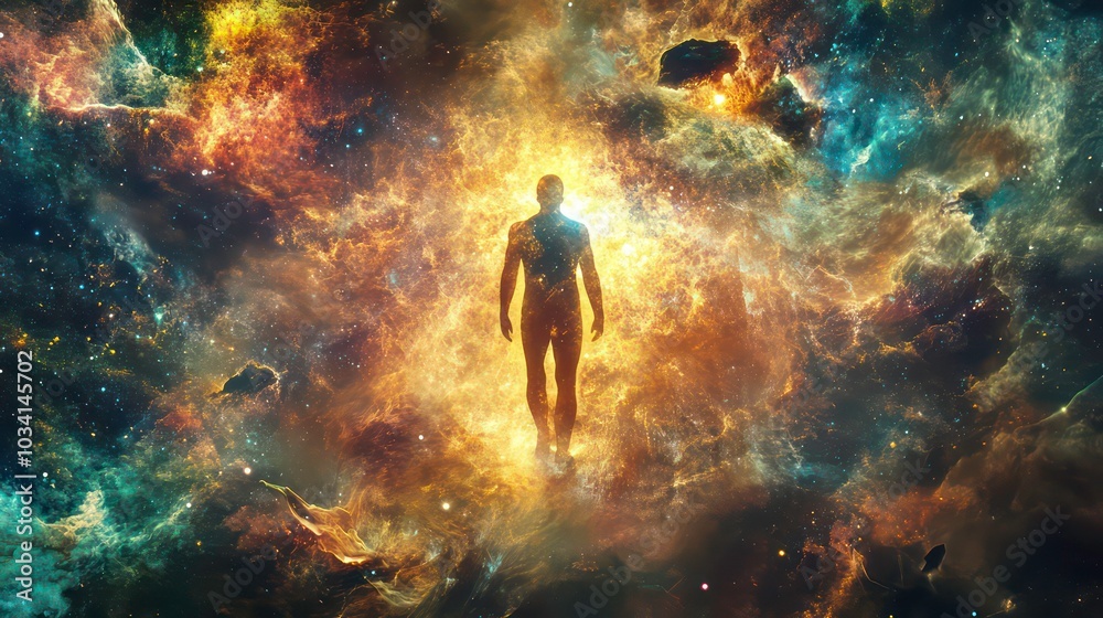 Wall mural a glowing human figure stands amidst a vibrant nebula, radiating light and energy.