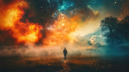 Fototapeta premium A lone figure walks towards a swirling, colorful sky filled with stars and nebulae.