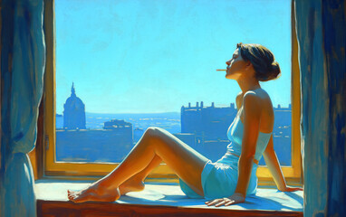  a brunette wearing boxers waking up to a too sunny morning in a city. smoking a cigarette at her large Window. City Skyline. Sunshine