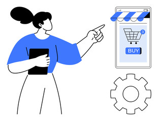 Woman pointing at smartphone screen displaying online store with shopping cart and buy button. Ideal for online shopping, e-commerce, mobile apps, digital marketing, and technology. Simple vector