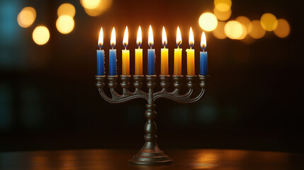 Fototapeta premium Inviting Scene Featuring Lit Menorah on Table with Warm Blurred Lights in the Background