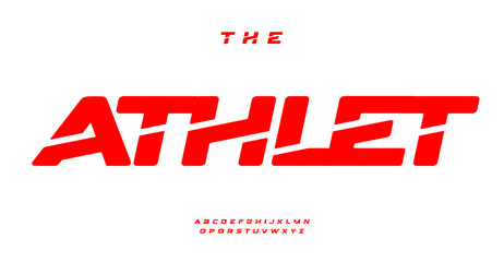 Powerful athletic font, futuristic bold letters, sleek geometric design for sports logos, fast-paced branding, dynamic typography with energetic cuts. Vector typeset