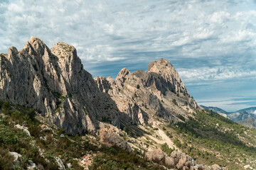 Panoramic view of a rocky mountain with some peaks, in Bernia, Alicante (Spain)