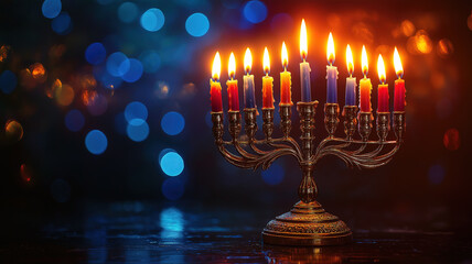 Fototapeta premium Inviting Hanukkah Scene Highlighting the Menorah and Its Warm Glow of Burning Candles