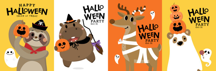 Happy halloween invitation card with cute hippopotamus in party costumes. Animals holidays cartoon character. -Vector 