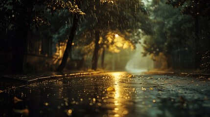 Raindrops fall softly on a quiet street, with warm light filtering through the trees, evoking a calm and serene evening ambiance