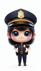 3d stylized of an little girl as a police. posing facing the camera, wearing a police uniform. Isolated on White background