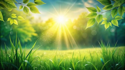 Fototapeta premium A vibrant field of green grass bathed in the golden light of a setting sun, surrounded by lush foliage, creating a serene and captivating scene.