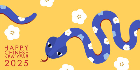 Happy Chinese new year 2025 greeting card with cute snakes.  Animal zodiac cartoon character. Translate: Snake. -Vector