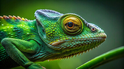 Fototapeta premium Green chameleon basking on a sunlit branch, vibrant green scales contrasting against the lush foliage