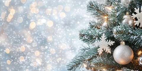 Merry Christmas and Happy New Year with a decorated Christmas tree festive background.