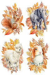 Animal and autumn leaves. Hand-painted alpaca, elephant, bunny and squirrel watercolor illustration. Funny poster, print