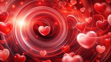 A swirling vortex of red and white hues, dotted with hearts that dance in a hypnotic pattern, creating an abstract vision of passionate energy and love.