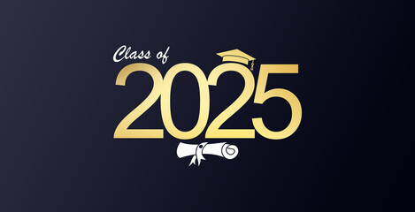 Futuristic graduation class of 2025 banner concept with glowing low polygonal golden graduation cap.