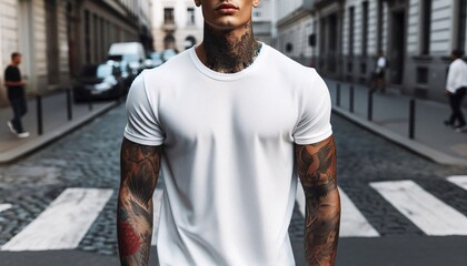 Obraz premium A photo a male model wearing a plain white t-shirt. Concept t-shirt mockup.