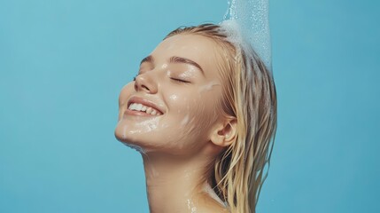 Naklejka premium woman smiling in blue shower setting