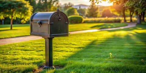 A Black Mailbox Standing Tall Amidst a Verdant Lawn and a Winding Path, Bathed in the Golden Glow of a Sunset