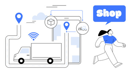 A vector image of online shopping and delivery showing a delivery truck, digital tracking, GPS location pins, and a person. Ideal for e-commerce, logistics, digital marketing, retail, and delivery