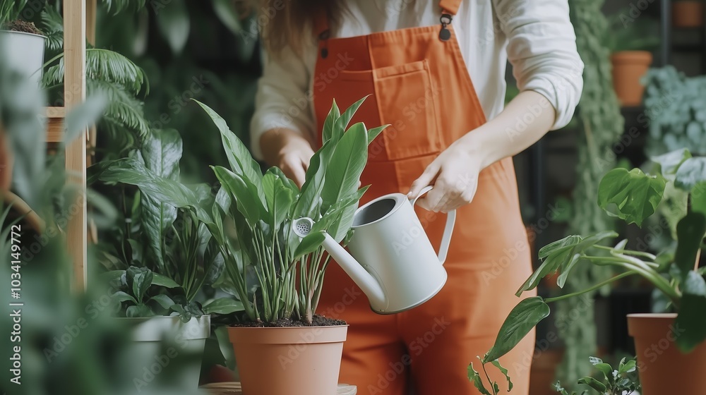 Canvas Prints A person waters indoor plants in a cozy greenhouse filled with greenery during daylight hours