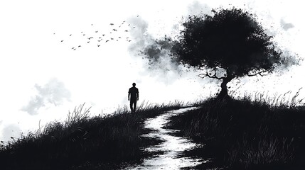 A solitary figure walks a path leading to a large tree, a flock of birds fly overhead against a white sky.
