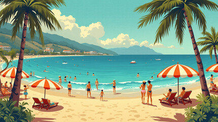 beach with palm trees art painted retro nostalgic vintage postcard from sunny Italy 1970 vibes ai generated art AI
