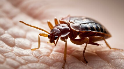 Fototapeta premium A sharp and detailed close-up of a bed bug bite, highlighting the insect's features and its surroundings in crisp 4k resolution, offering an insightful view into this common pest.