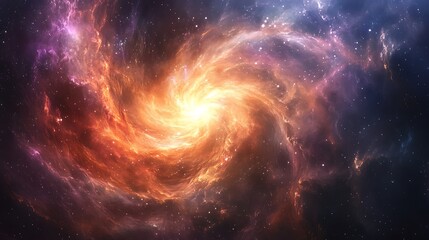 A swirling nebula of gas and dust in space, with a bright center and stars scattered throughout.