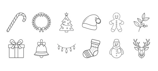Festive Christmas Icon Pack Perfect for Coloring Books and Holiday Themed Designs