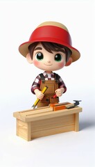 Fototapeta premium 3D Stylized Character of a boy as a carpenter. is making a piece of furniture while holding a carpenter's tools. Isolated on White background