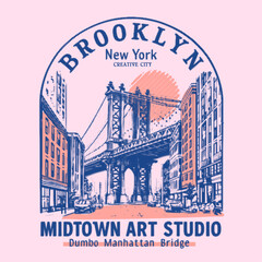 Brooklyn bridge street view. New York design studio t shirt print design. college text print. City back print for t shirt. Dumbo Manhattan bridge view hand sketch print design.