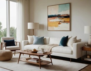 Modern living room interior featuring cozy, plush white sofas a wooden side table with decorative items, and minimalist decor. The space is enhanced by a large abstract painting and a soft rug.	
