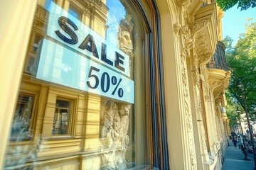 Obraz premium Exciting 50 off sale displayed at city shop window, inviting customers for a bargain. Generative AI